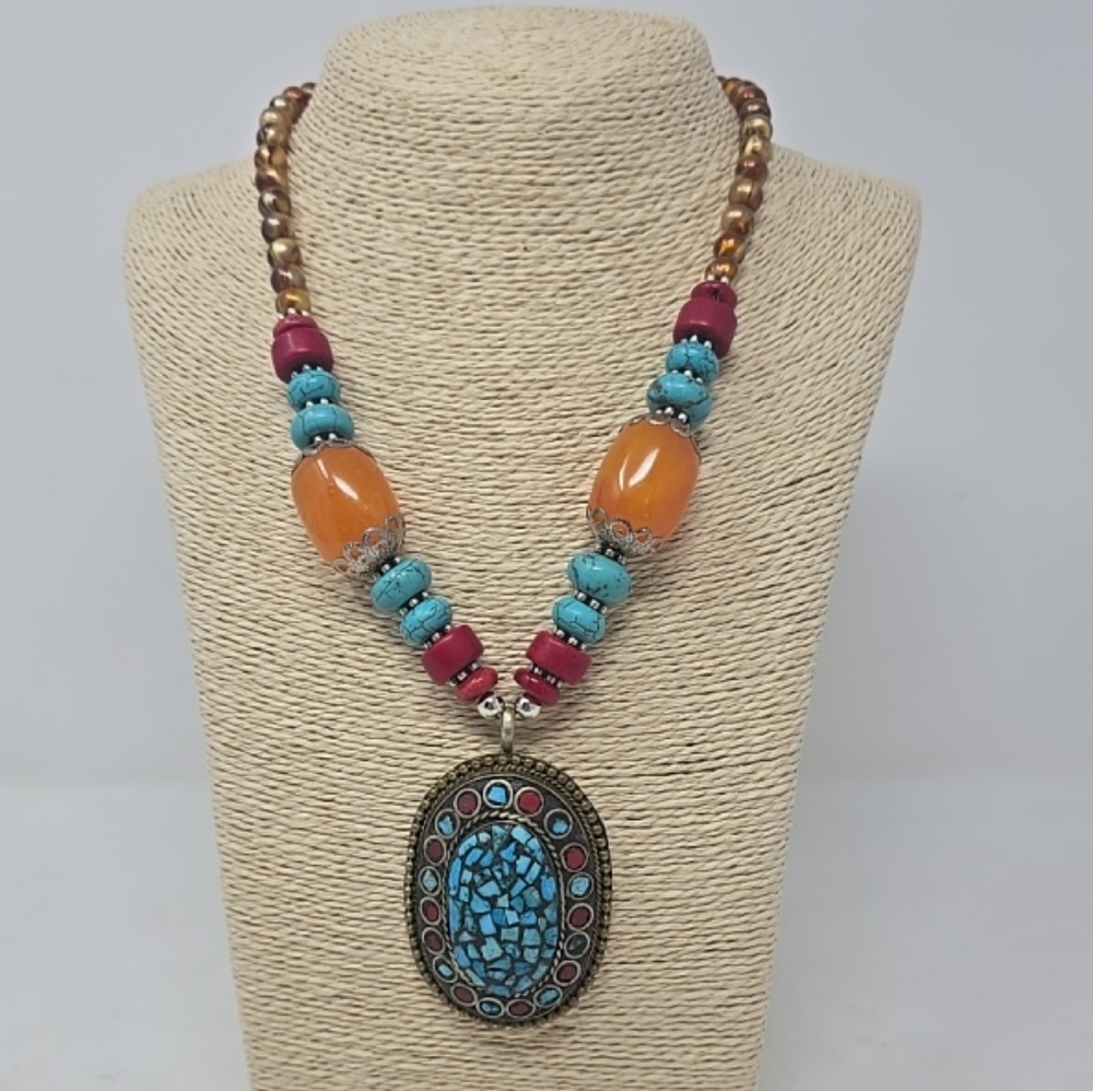 Vtg Boho Tibetan style‎ statement necklace ethnic tribal turquoise coral inlay.
